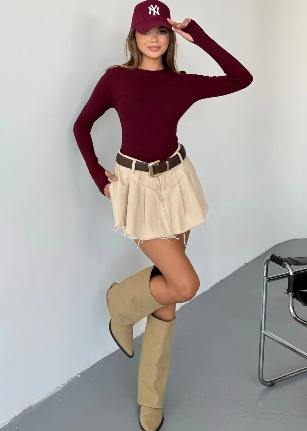 Kadın Bordo Bisiklet Yaka Parmak Geçmeli Modal Kumaş Body