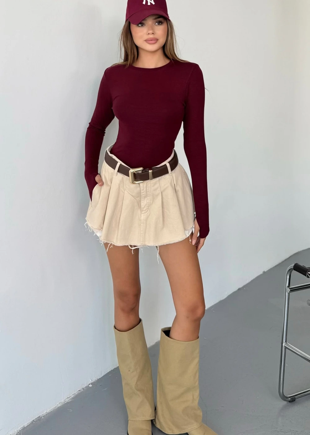 Kadın Bordo Bisiklet Yaka Parmak Geçmeli Modal Kumaş Body