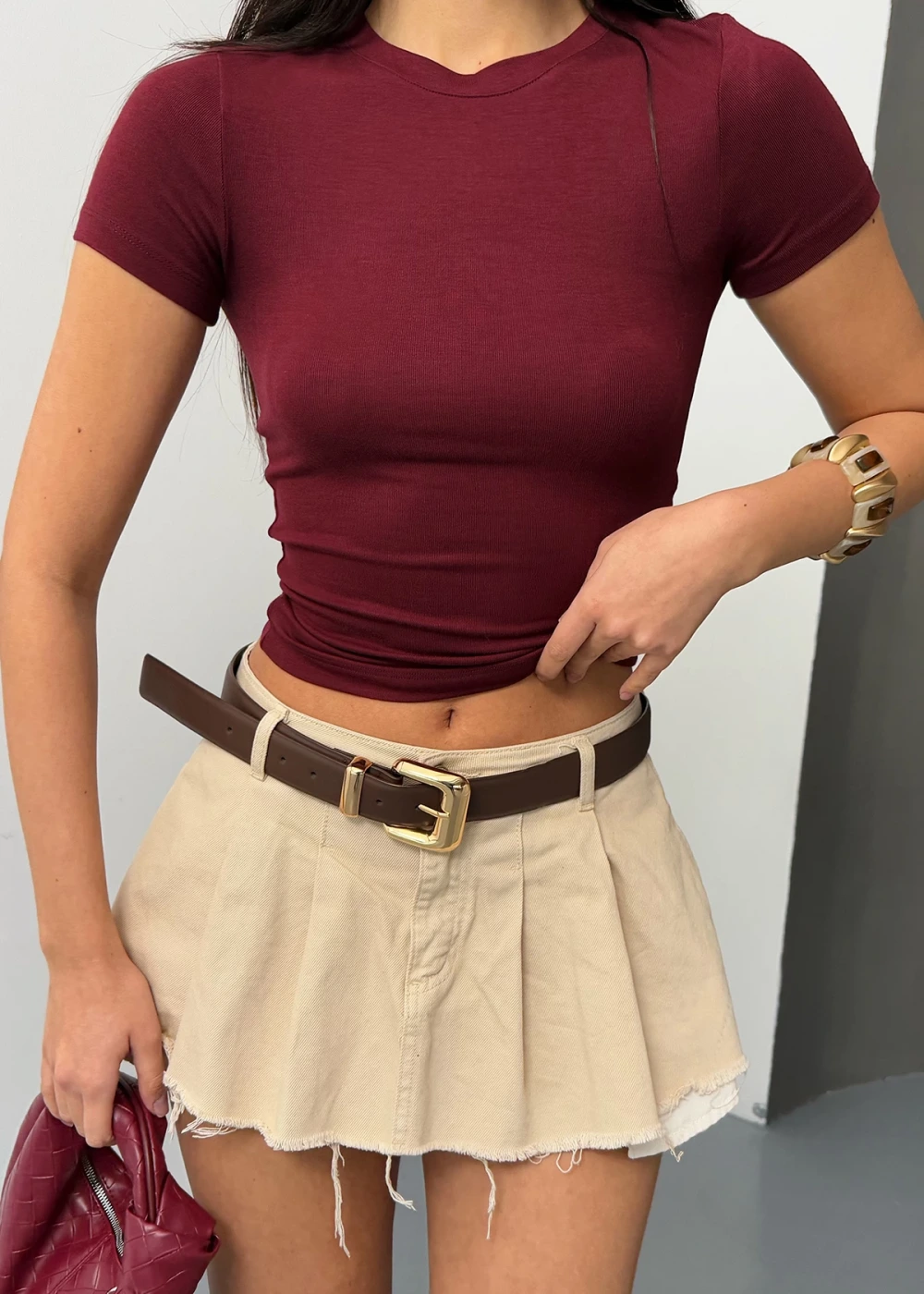 Kadın Bordo Buzy Modal Kumaş Bisiklet Yaka Basic Kısa Kol Bluz