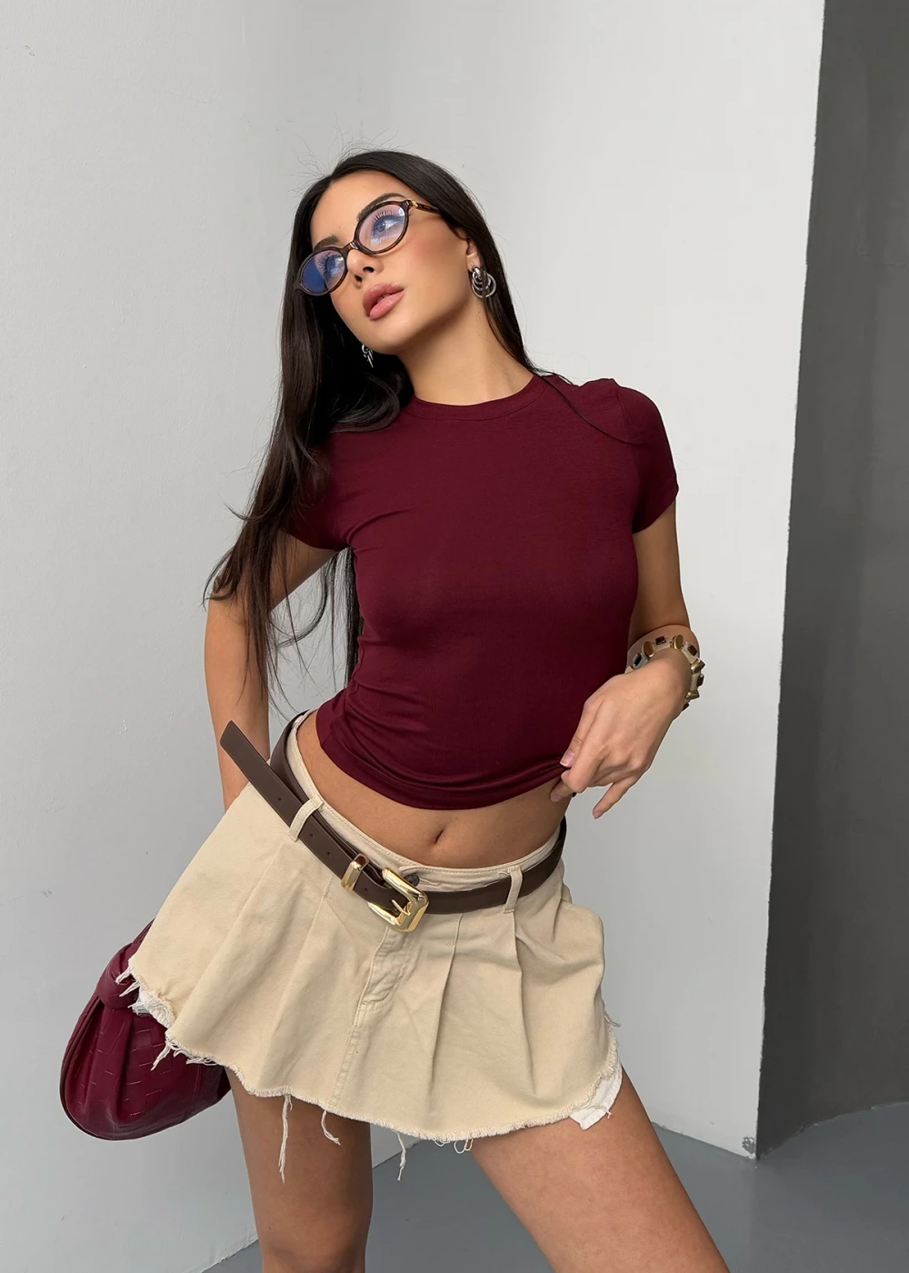 Kadın Bordo Buzy Modal Kumaş Bisiklet Yaka Basic Kısa Kol Bluz