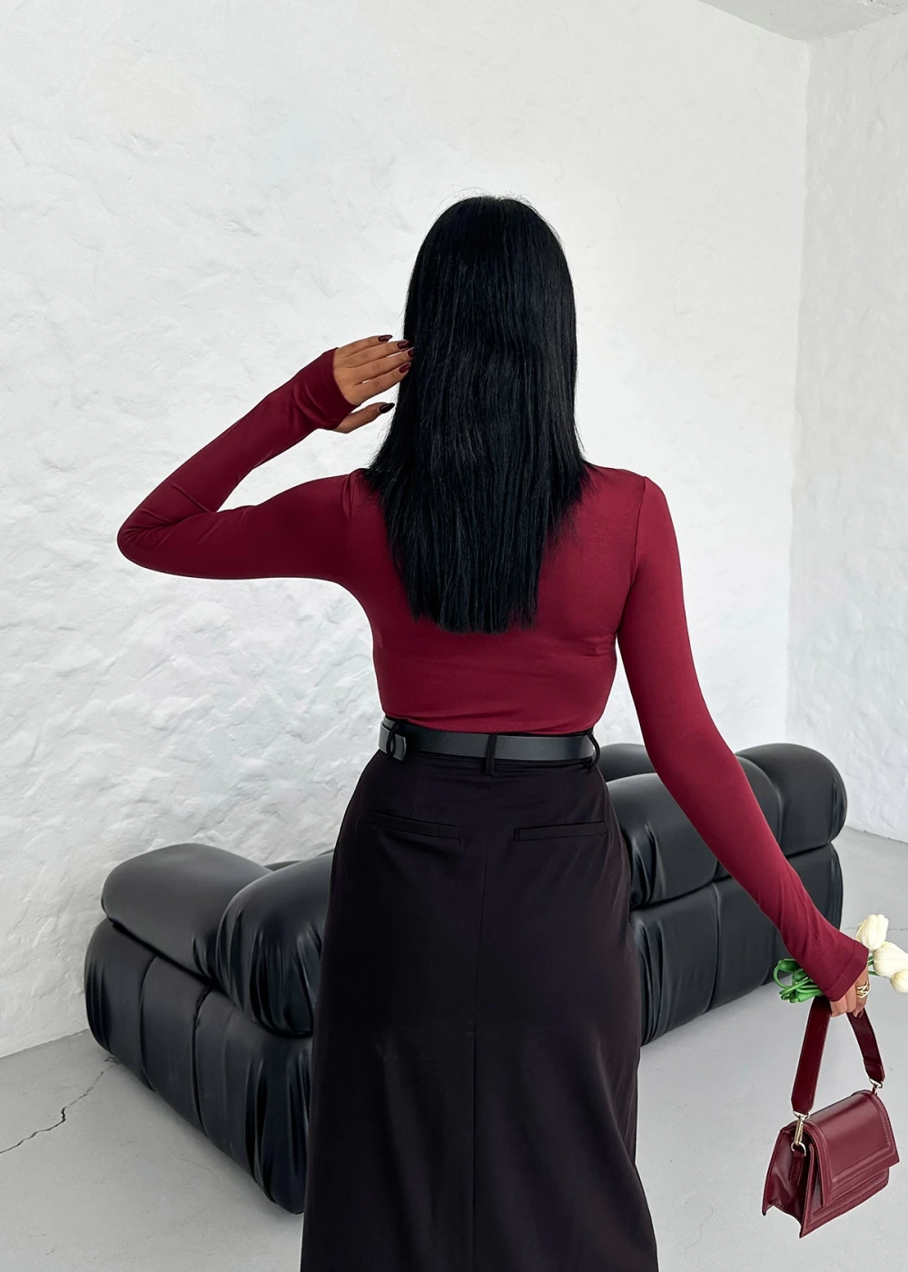 Kadın Bordo Parmak Geçmeli Dik Yaka Body