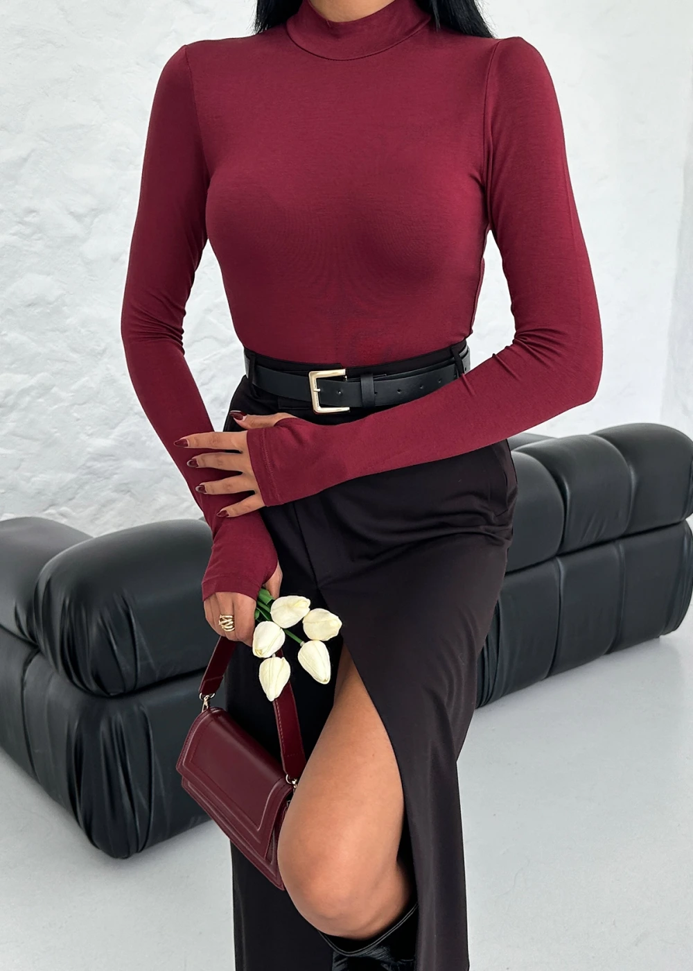 Kadın Bordo Parmak Geçmeli Dik Yaka Body