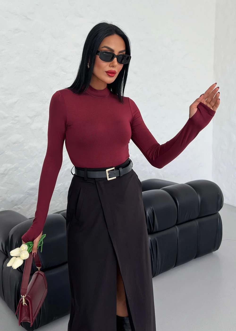 Kadın Bordo Parmak Geçmeli Dik Yaka Body