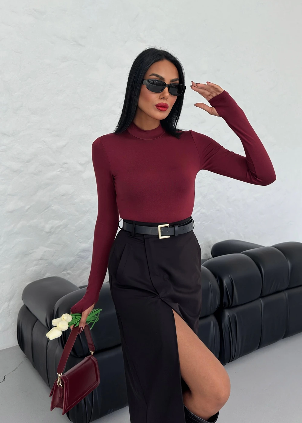 Kadın Bordo Parmak Geçmeli Dik Yaka Body