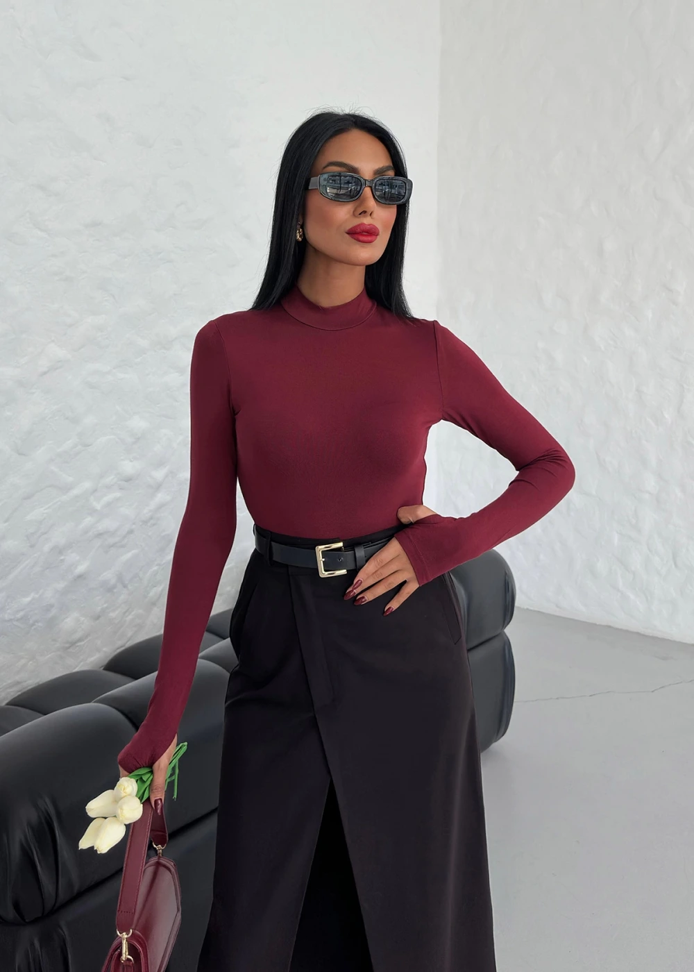 Kadın Bordo Parmak Geçmeli Dik Yaka Body