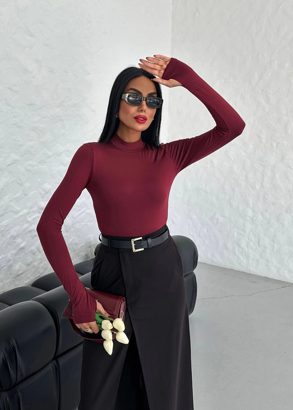 Kadın Bordo Parmak Geçmeli Dik Yaka Body