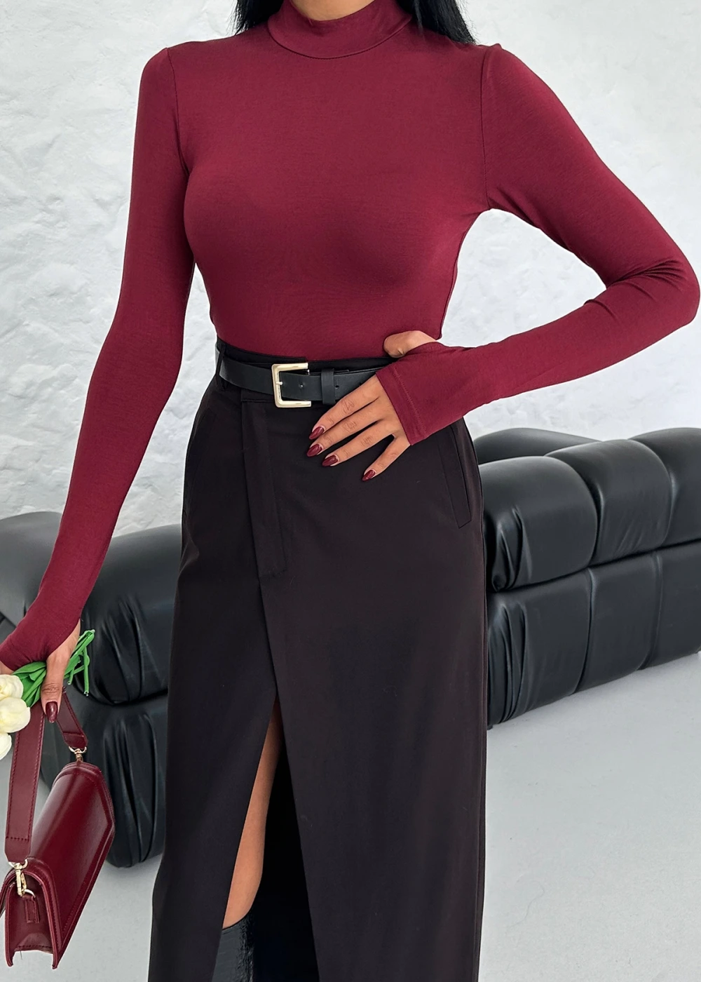 Kadın Bordo Parmak Geçmeli Dik Yaka Body