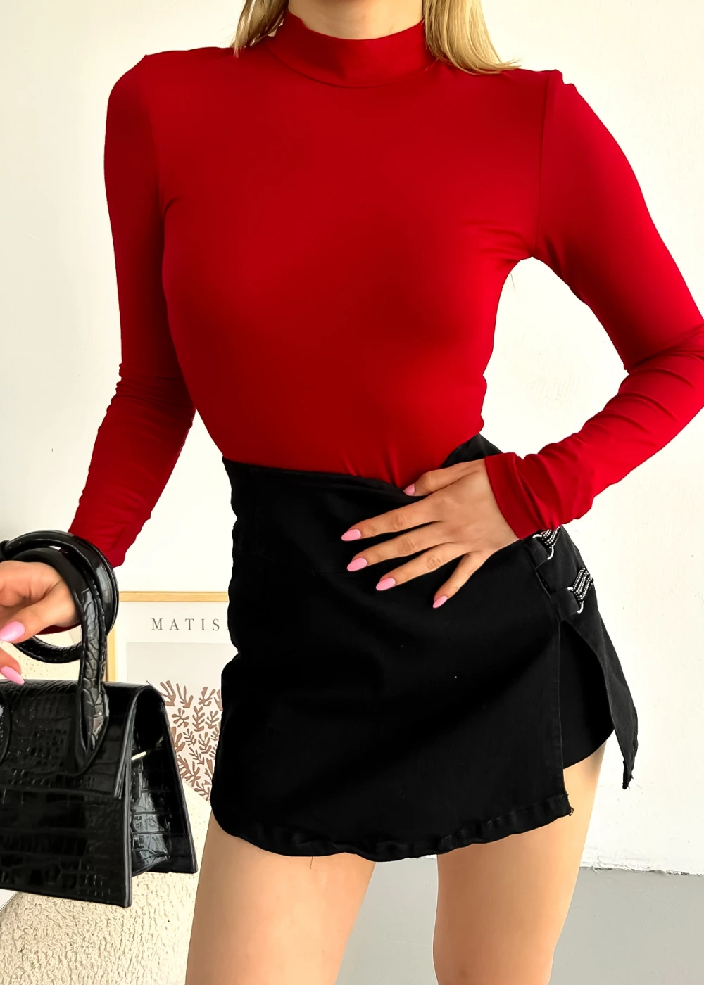 Kadın Bordo Uzun Kol Dik Yaka Basic Body