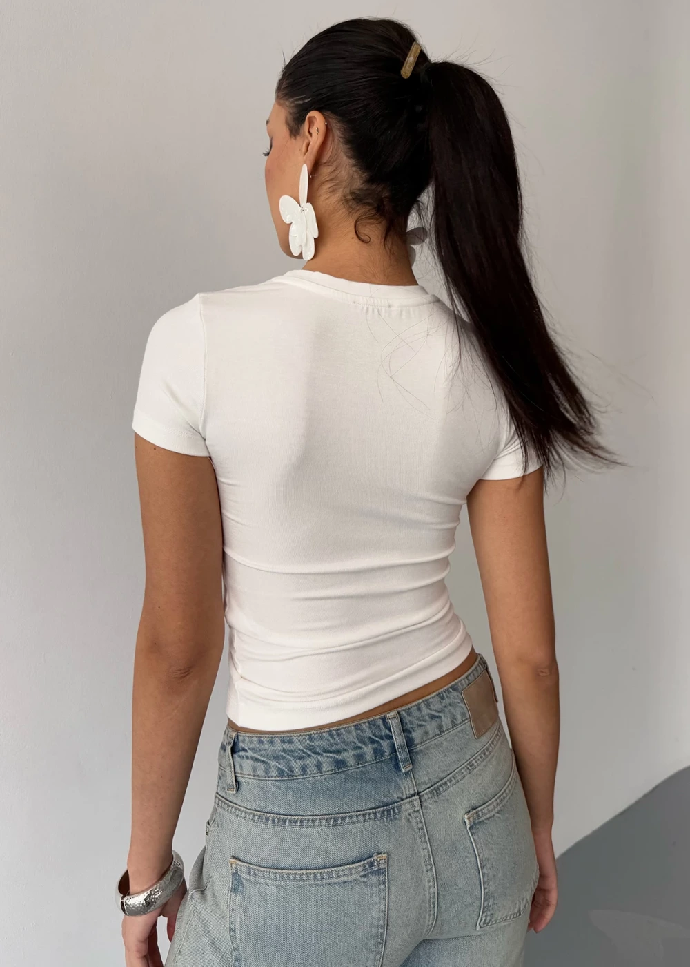 Kadın Beyaz Buzy Modal Kumaş Bisiklet Yaka Basic Kısa Kol Bluz