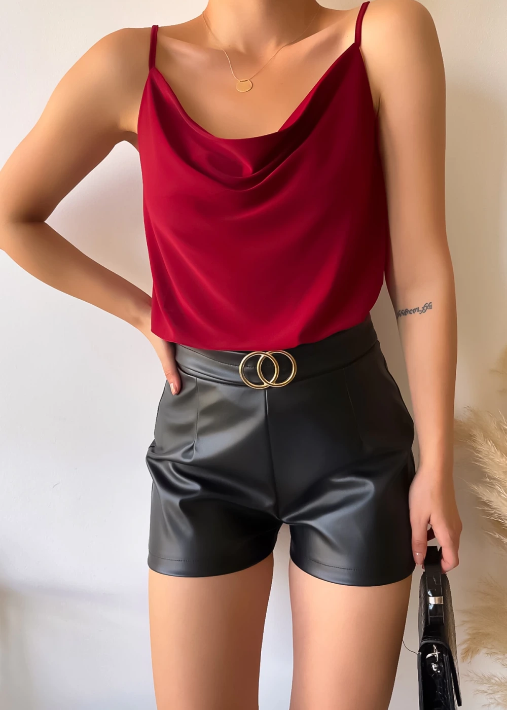 Kadın Degaje Yaka İp Askılı Bordo Bluz