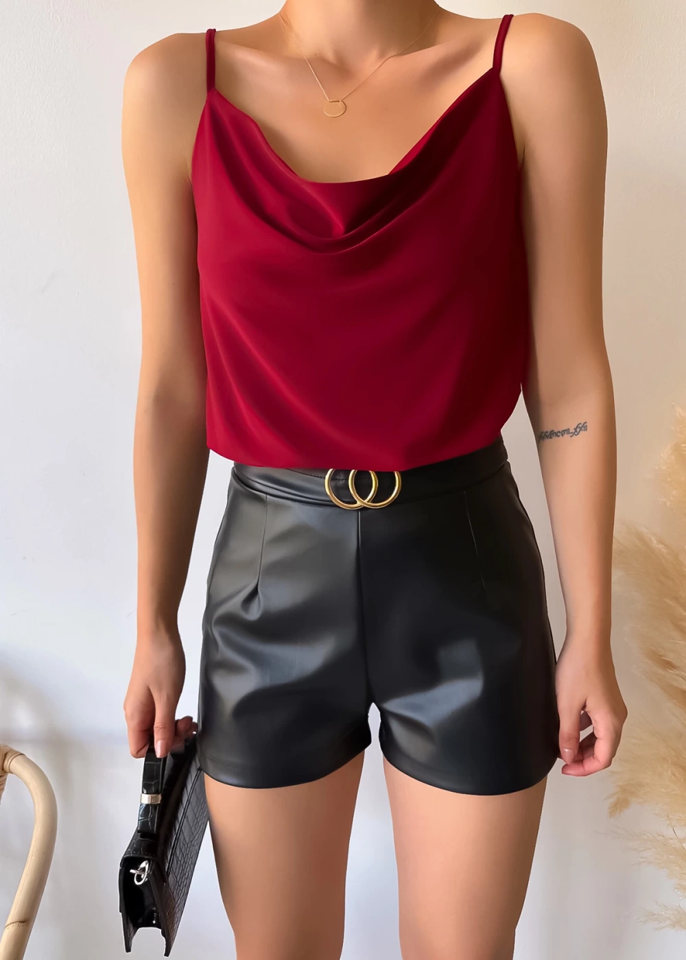 Kadın Degaje Yaka İp Askılı Bordo Bluz