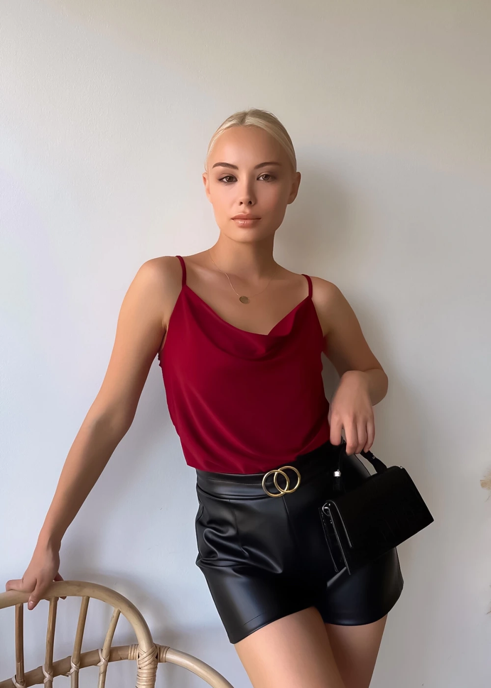 Kadın Degaje Yaka İp Askılı Bordo Bluz