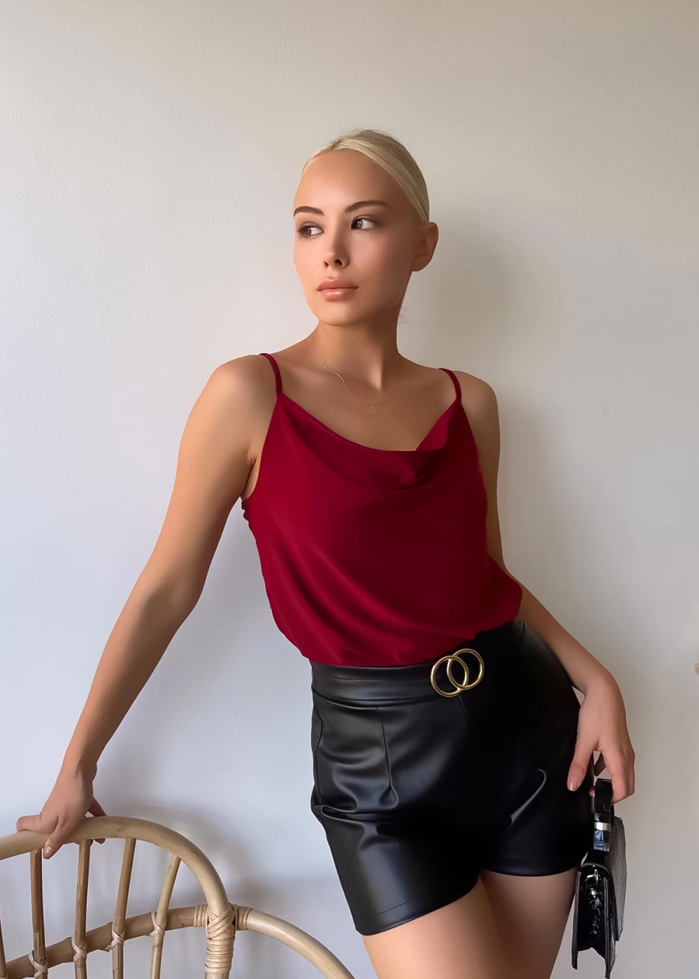 Kadın Degaje Yaka İp Askılı Bordo Bluz