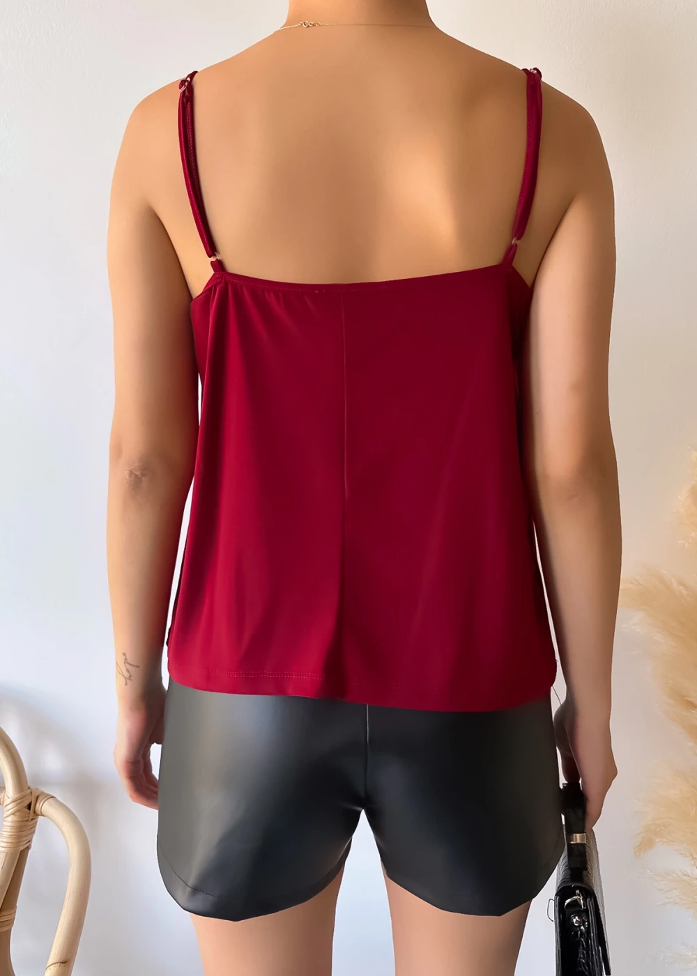 Kadın Degaje Yaka İp Askılı Bordo Bluz