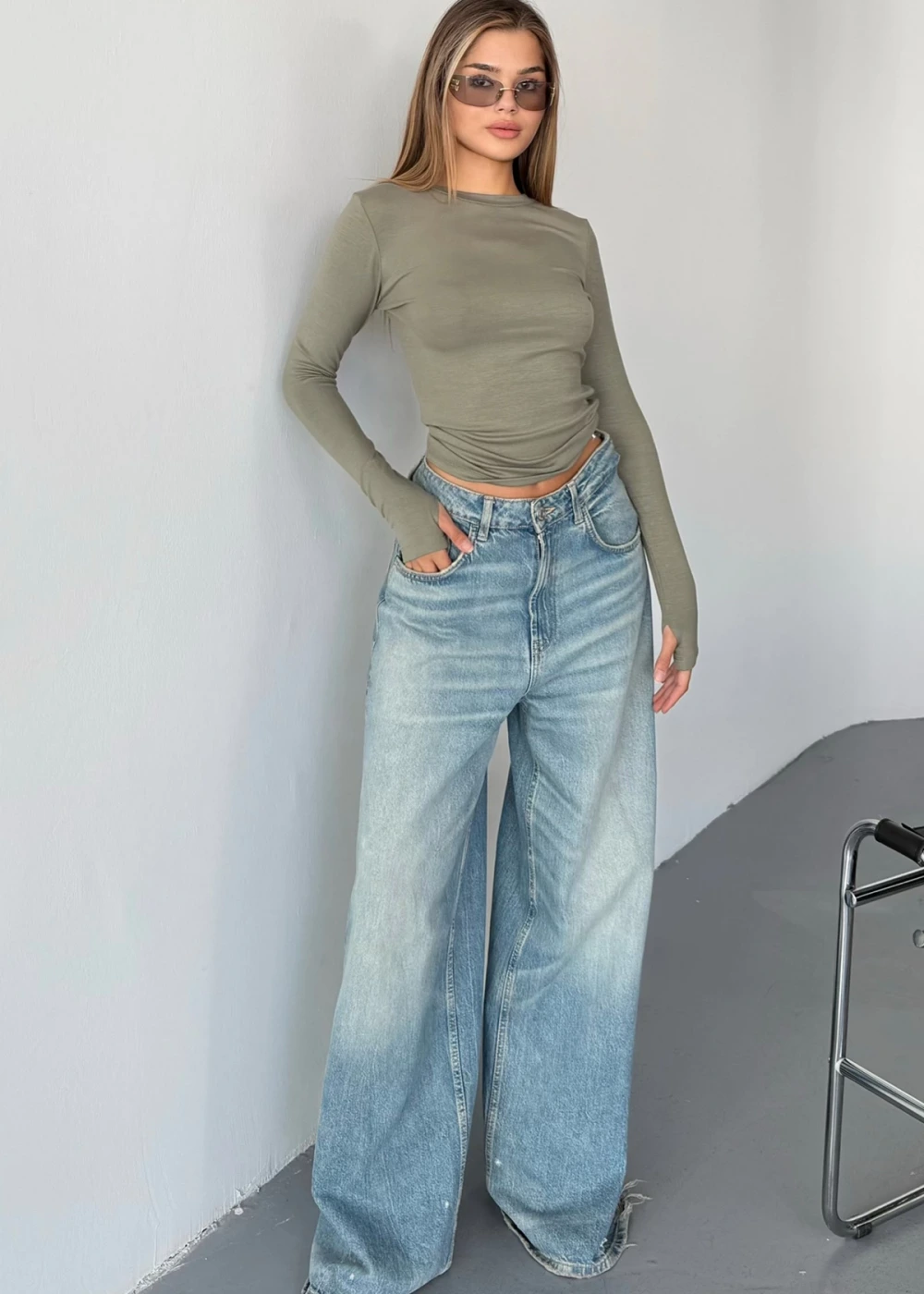 Kadın Haki Bisiklet Yaka Parmak Geçmeli Modal Kumaş Body