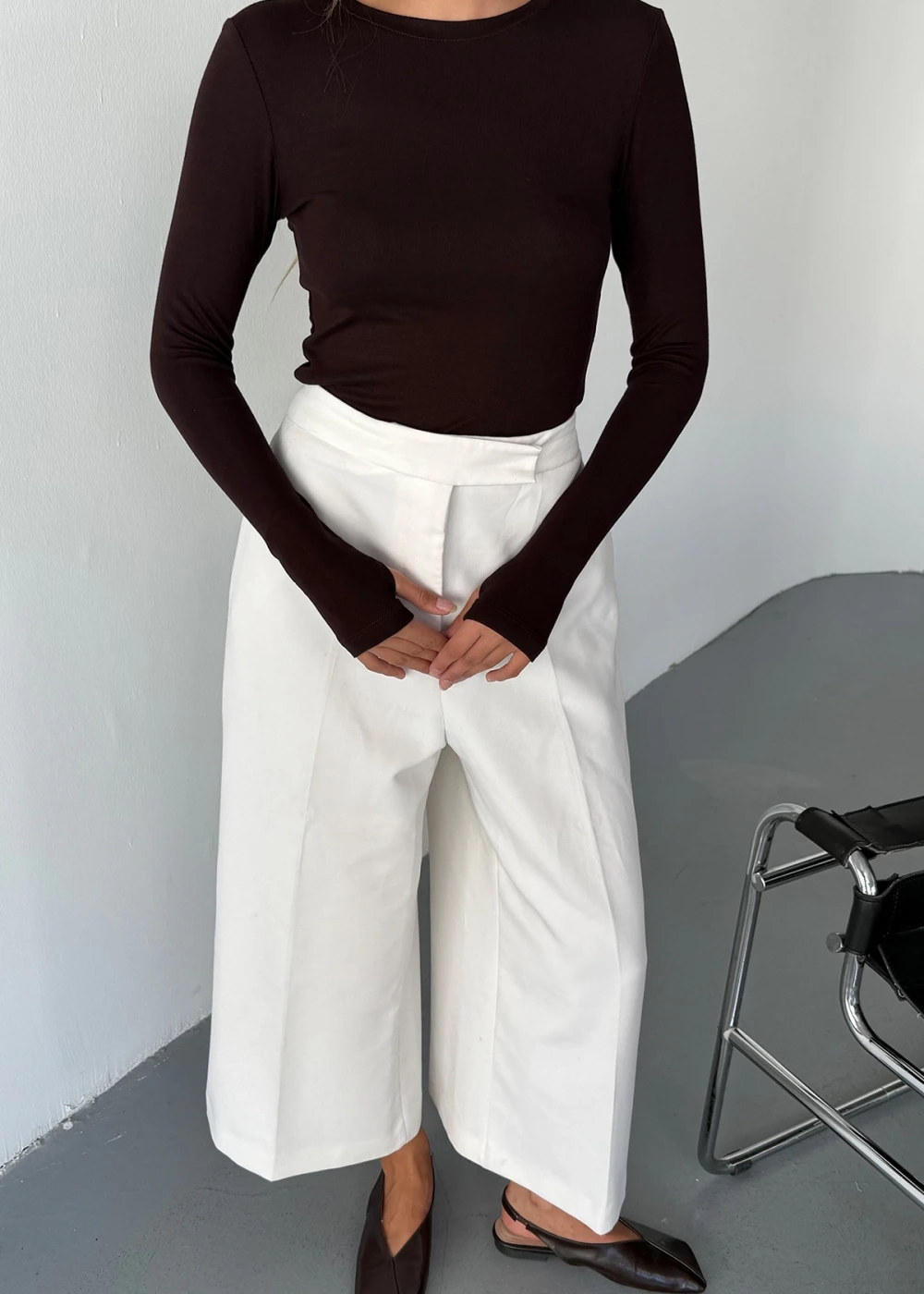 Kadın Kahve Bisiklet Yaka Parmak Geçmeli Modal Kumaş Body