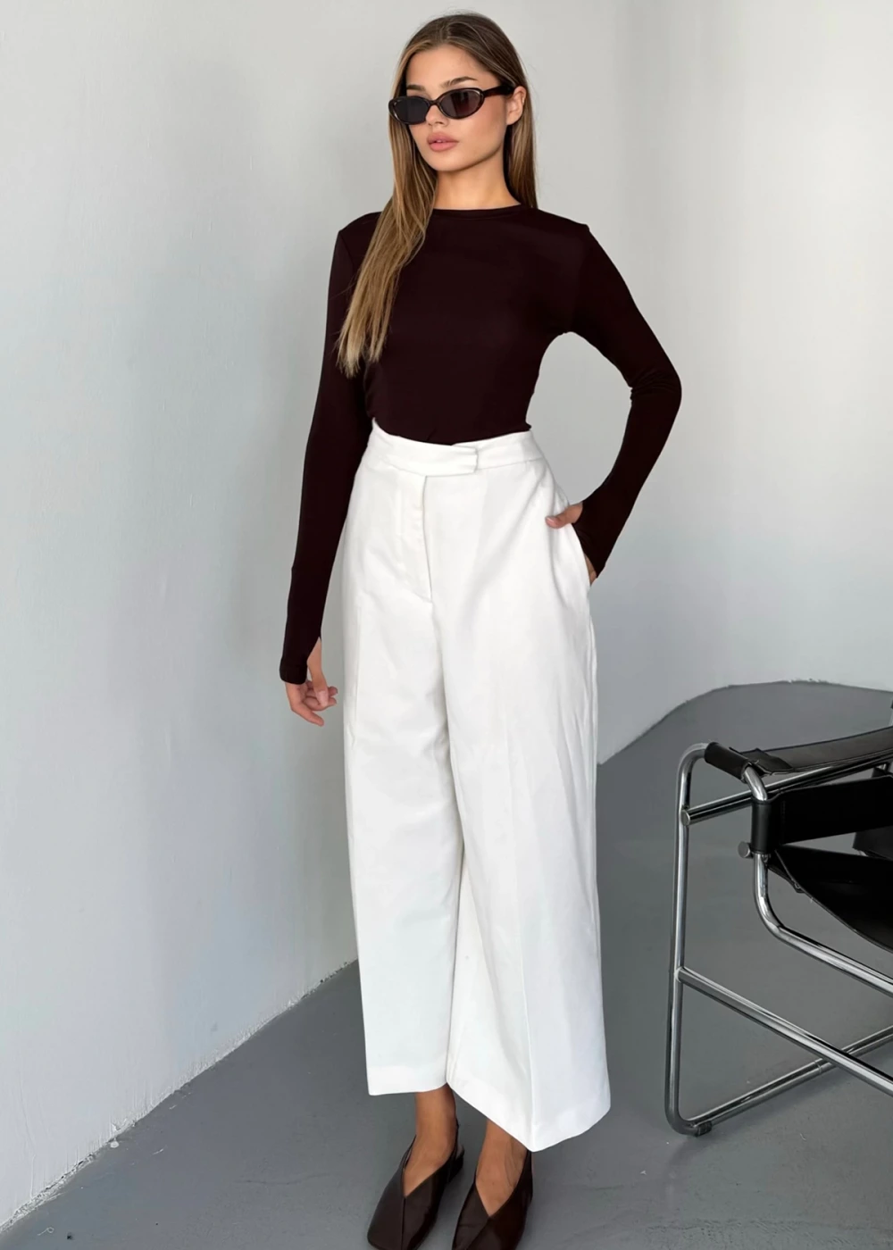 Kadın Kahve Bisiklet Yaka Parmak Geçmeli Modal Kumaş Body