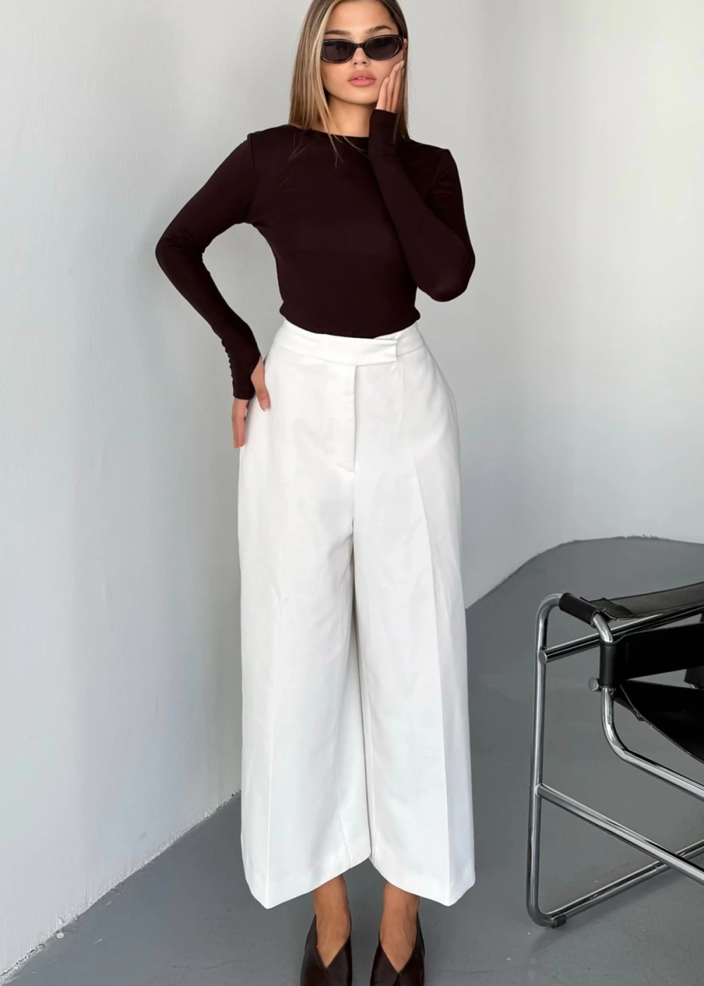 Kadın Kahve Bisiklet Yaka Parmak Geçmeli Modal Kumaş Body