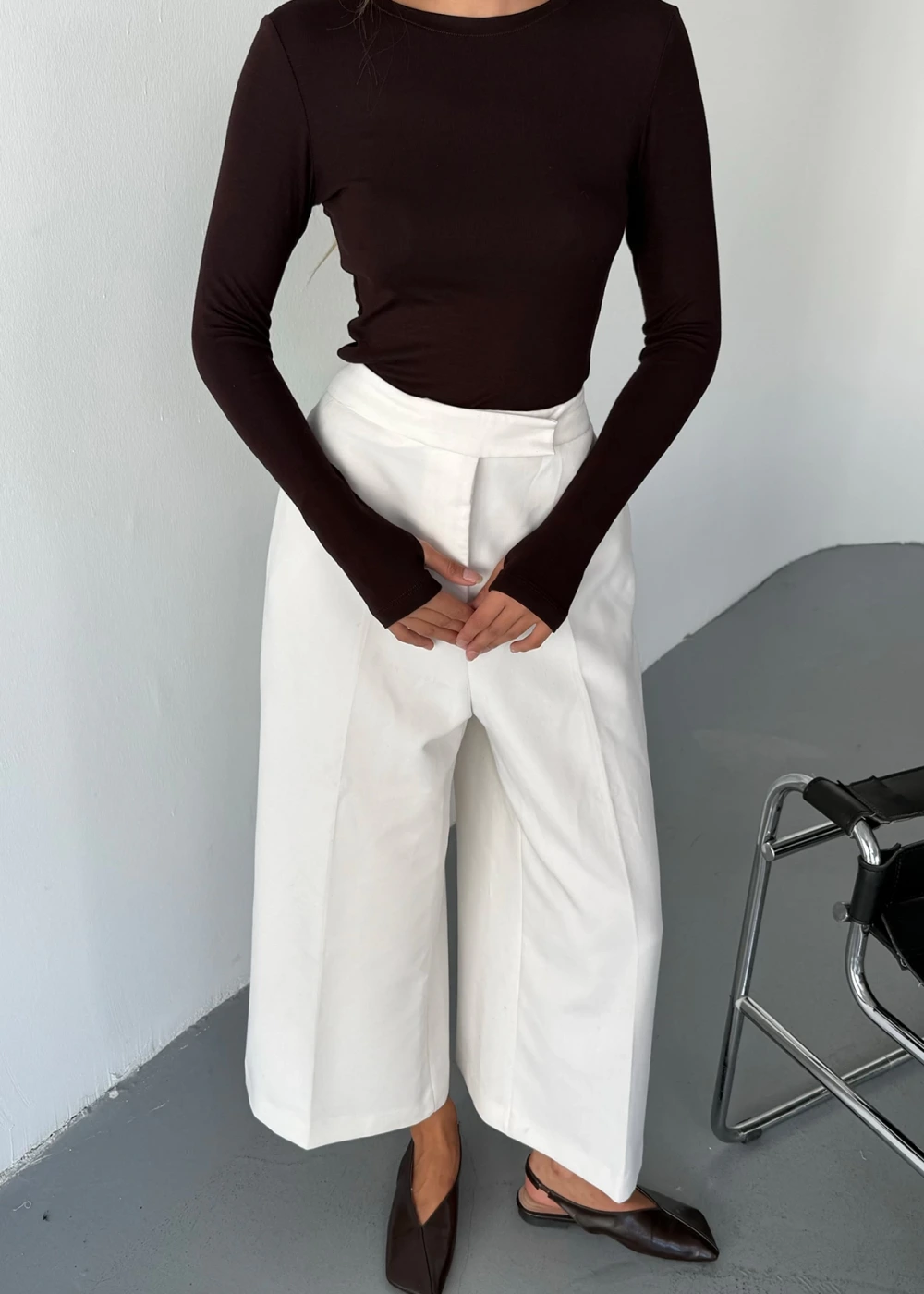 Kadın Kahve Bisiklet Yaka Parmak Geçmeli Modal Kumaş Body