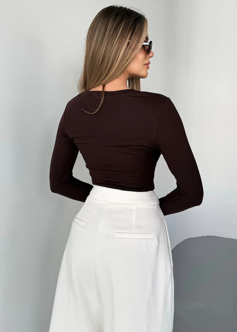 Kadın Kahve Bisiklet Yaka Parmak Geçmeli Modal Kumaş Body