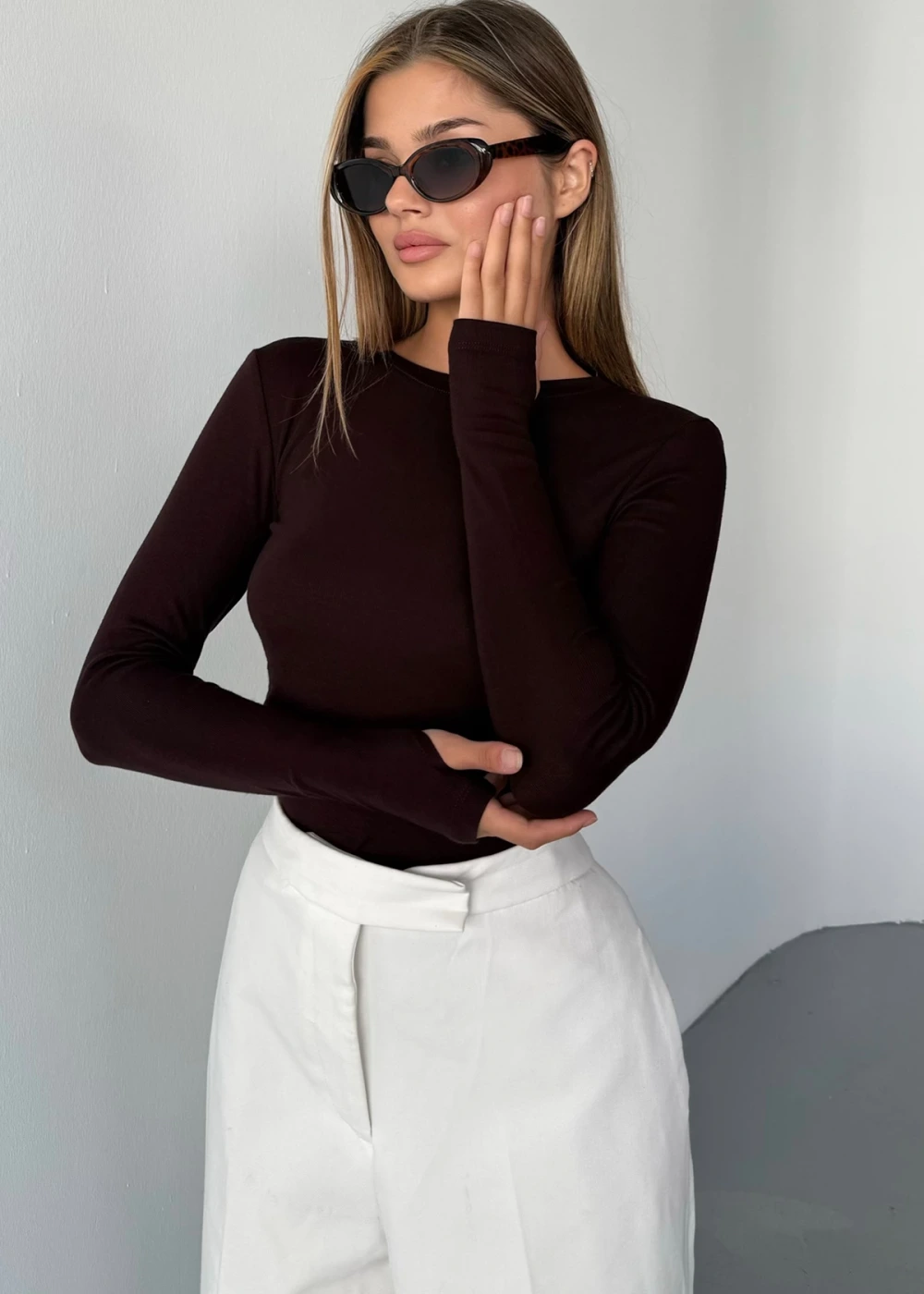 Kadın Kahve Bisiklet Yaka Parmak Geçmeli Modal Kumaş Body