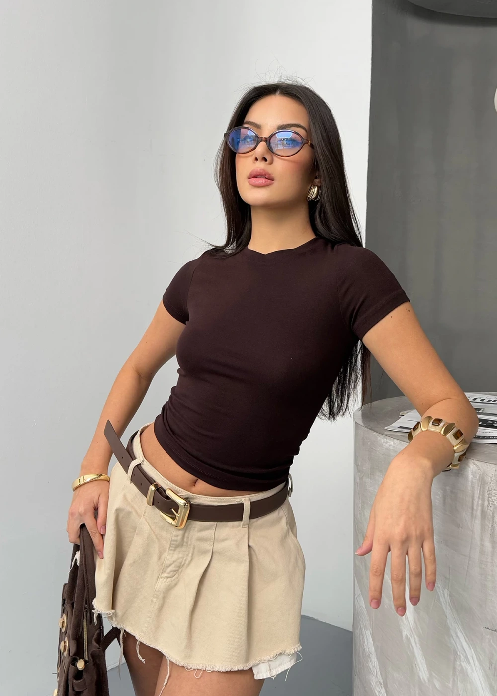 Kadın Kahve Buzy Modal Kumaş Bisiklet Yaka Basic Kısa Kol Bluz