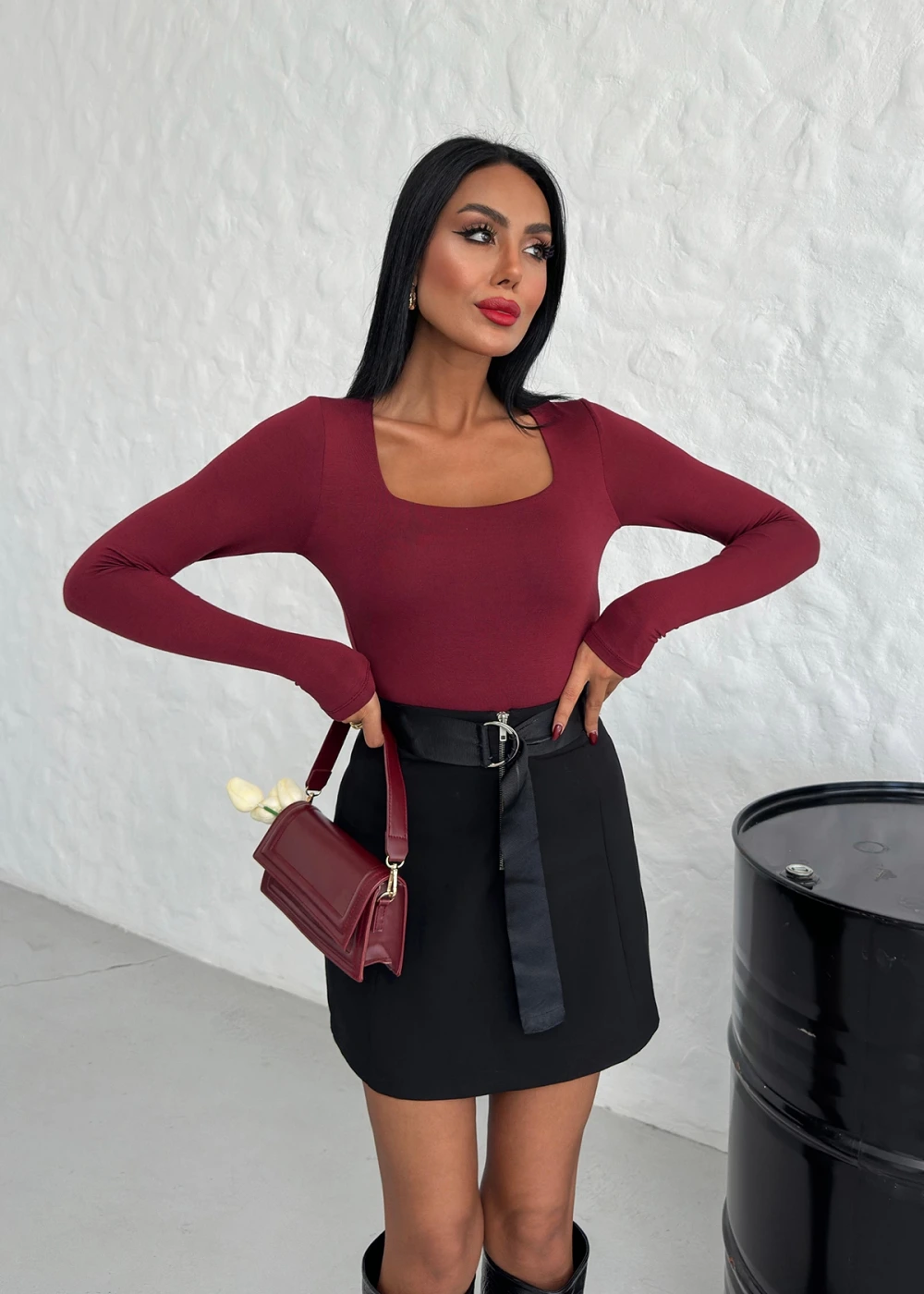 Kadın Kare Yaka Düz Bordo Uzun Kollu Viskon Bluz