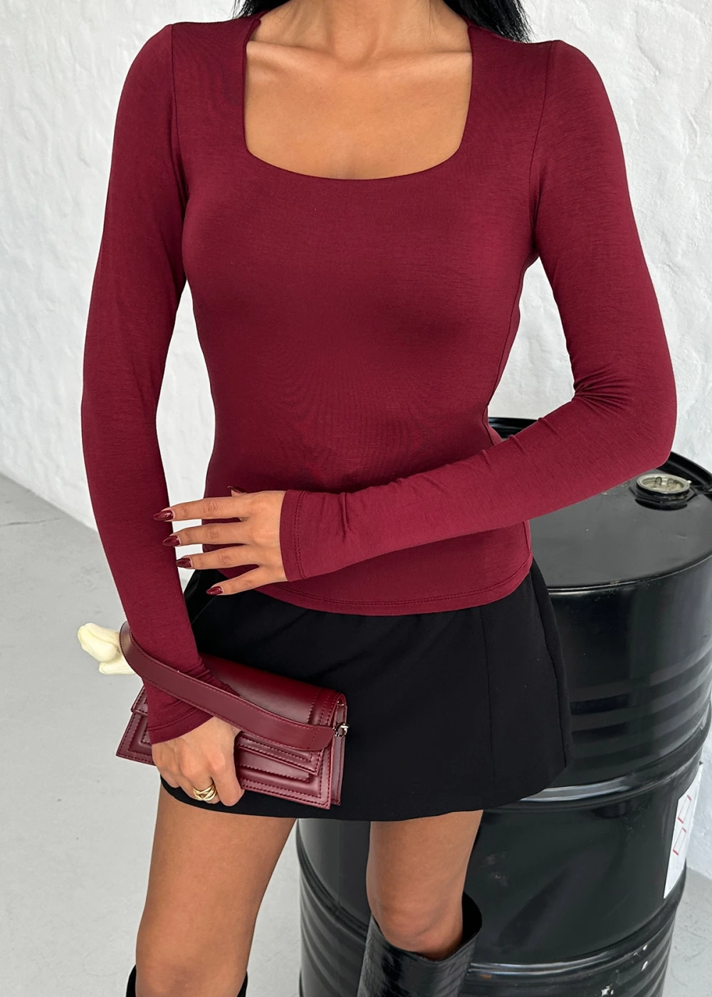 Kadın Kare Yaka Düz Bordo Uzun Kollu Viskon Bluz