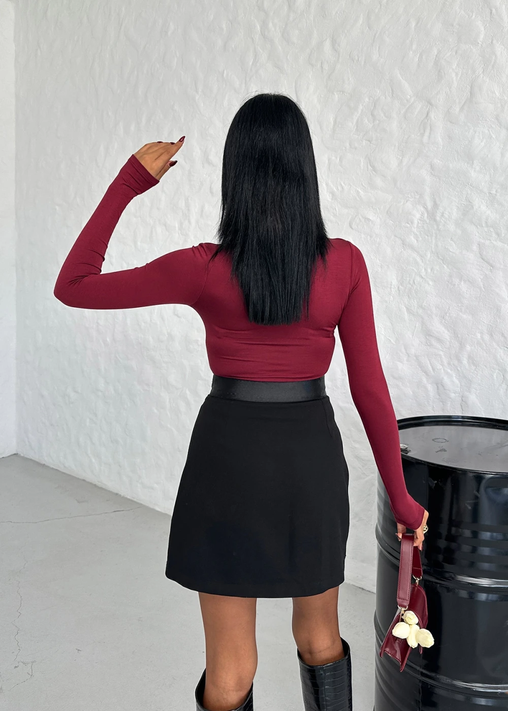 Kadın Kare Yaka Düz Bordo Uzun Kollu Viskon Bluz