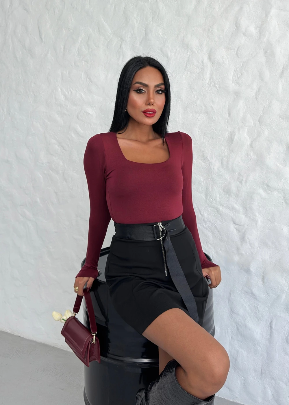 Kadın Kare Yaka Düz Bordo Uzun Kollu Viskon Bluz