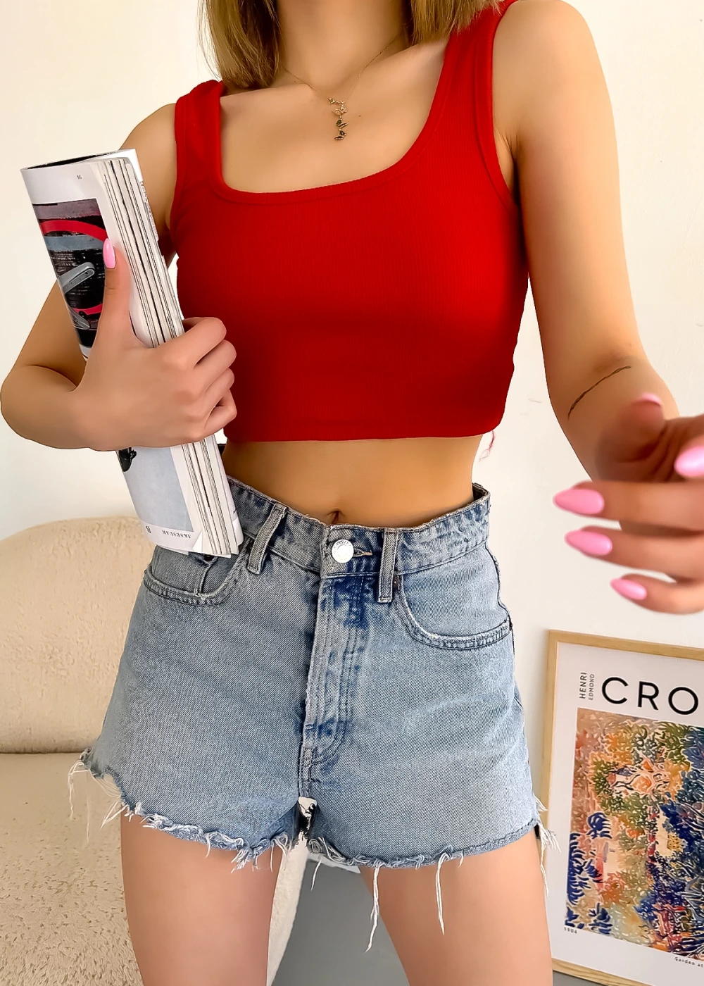 Kadın Kırmızı Kalın Askılı Kaşkorse Basic Crop Bluz