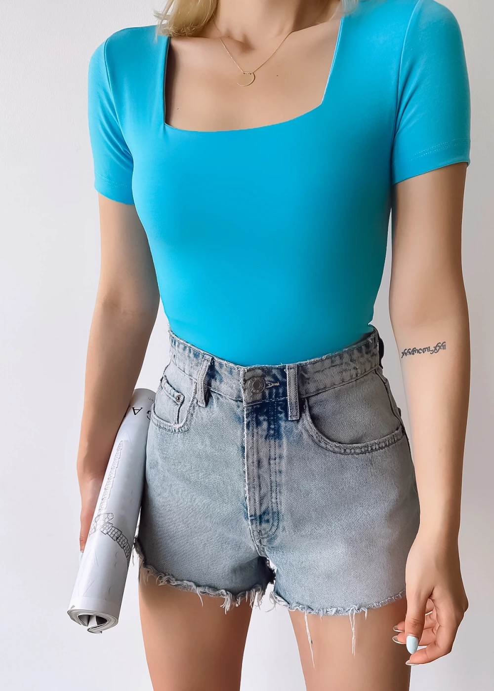 Kadın Kısa Kol Kare Yaka Bebe Mavi Düz Renk Viskon Bluz