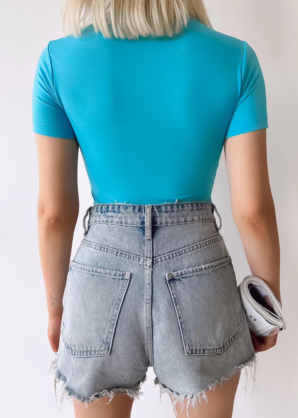 Kadın Kısa Kol Kare Yaka Bebe Mavi Düz Renk Viskon Bluz