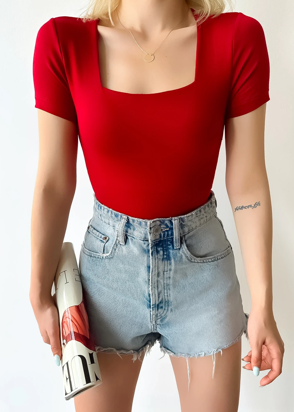 Kadın Kısa Kol Kare Yaka Bordo Düz Renk Viskon Bluz