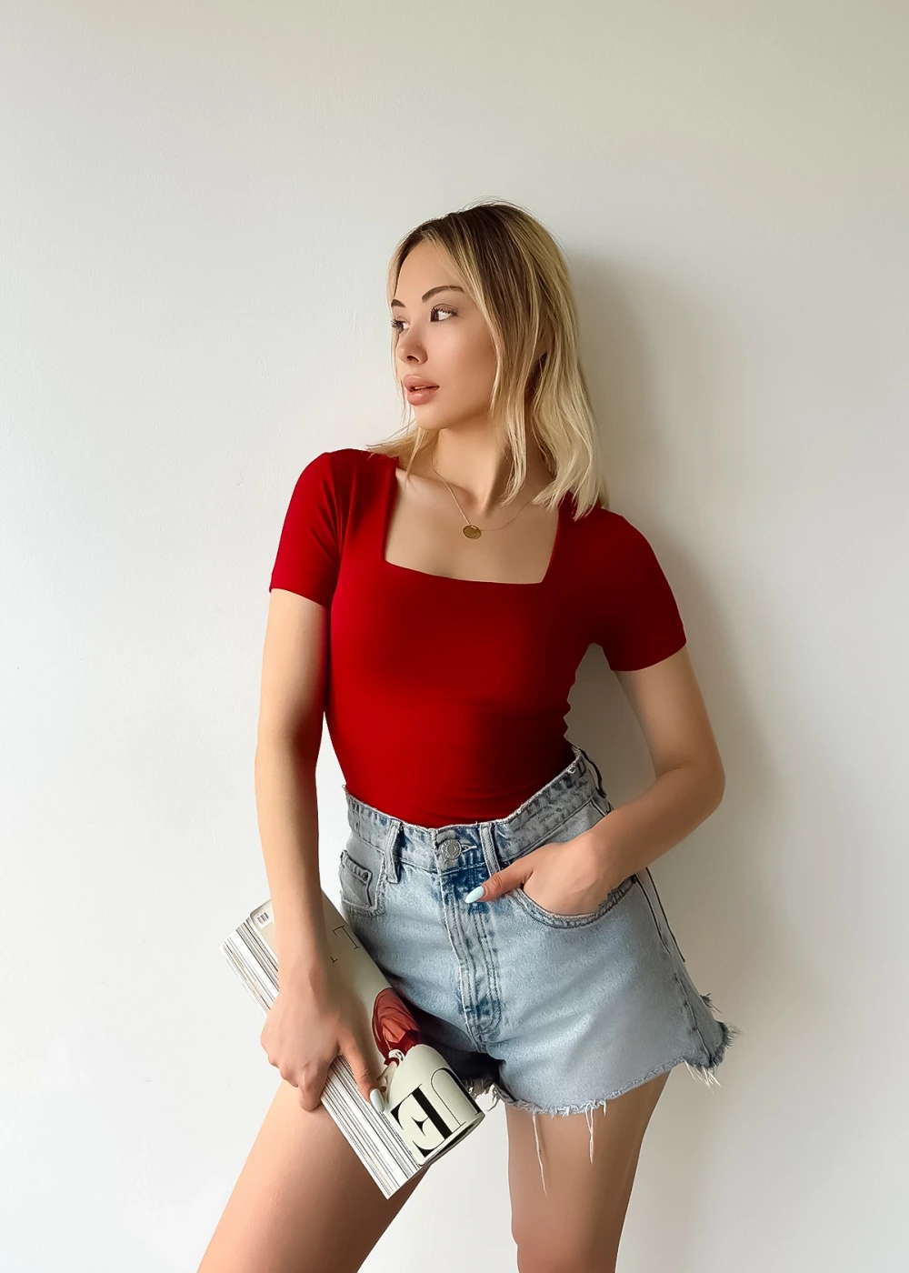 Kadın Kısa Kol Kare Yaka Bordo Düz Renk Viskon Bluz