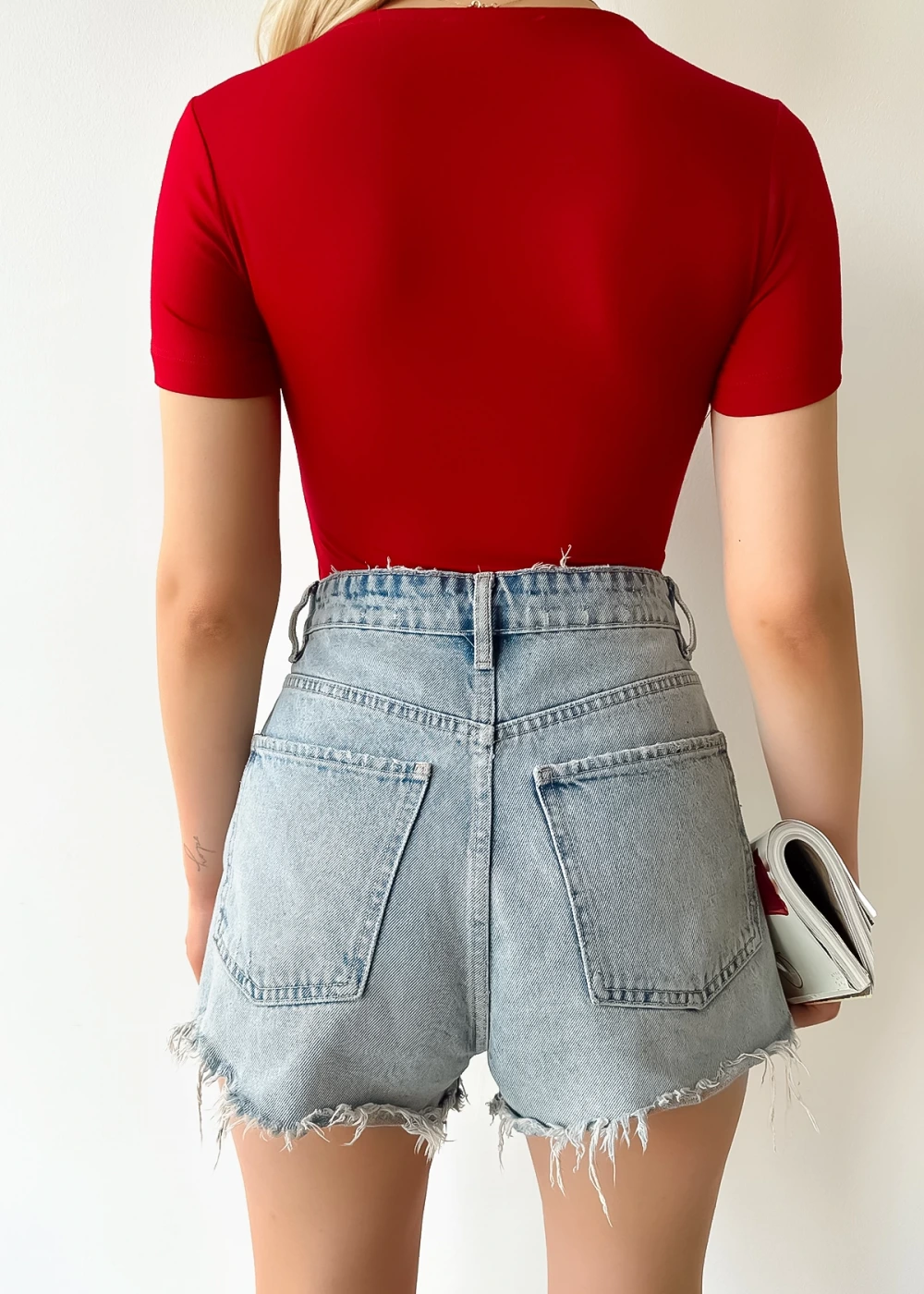 Kadın Kısa Kol Kare Yaka Bordo Düz Renk Viskon Bluz