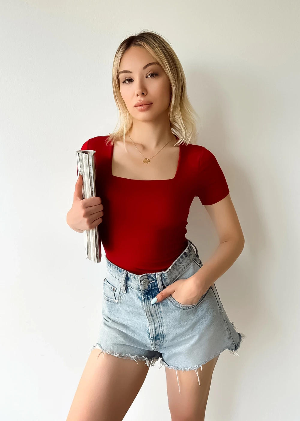 Kadın Kısa Kol Kare Yaka Bordo Düz Renk Viskon Bluz