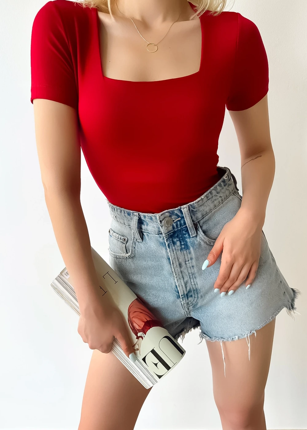 Kadın Kısa Kol Kare Yaka Bordo Düz Renk Viskon Bluz