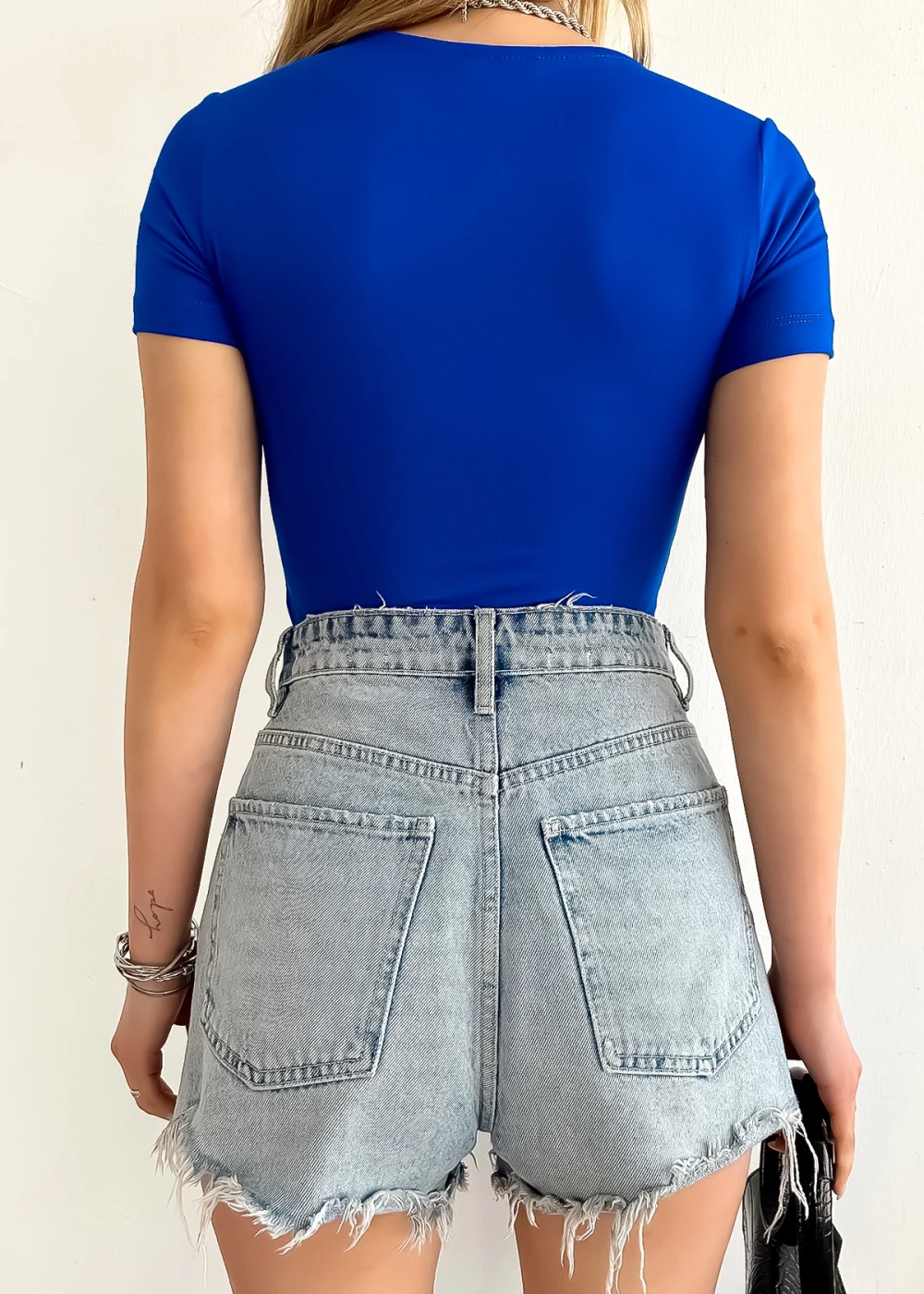 Kadın Kısa Kol Kare Yaka Düz Renk Mavi