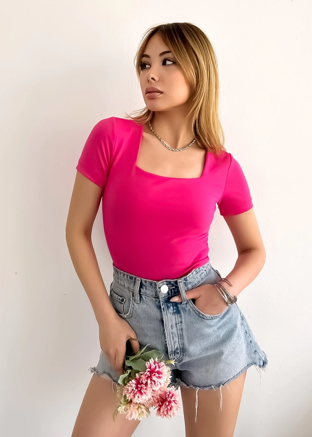 Kadın Kısa Kol Kare Yaka Düz Renk Pembe