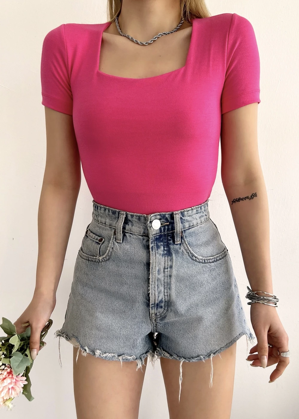 Kadın Kısa Kol Kare Yaka Düz Renk Pembe