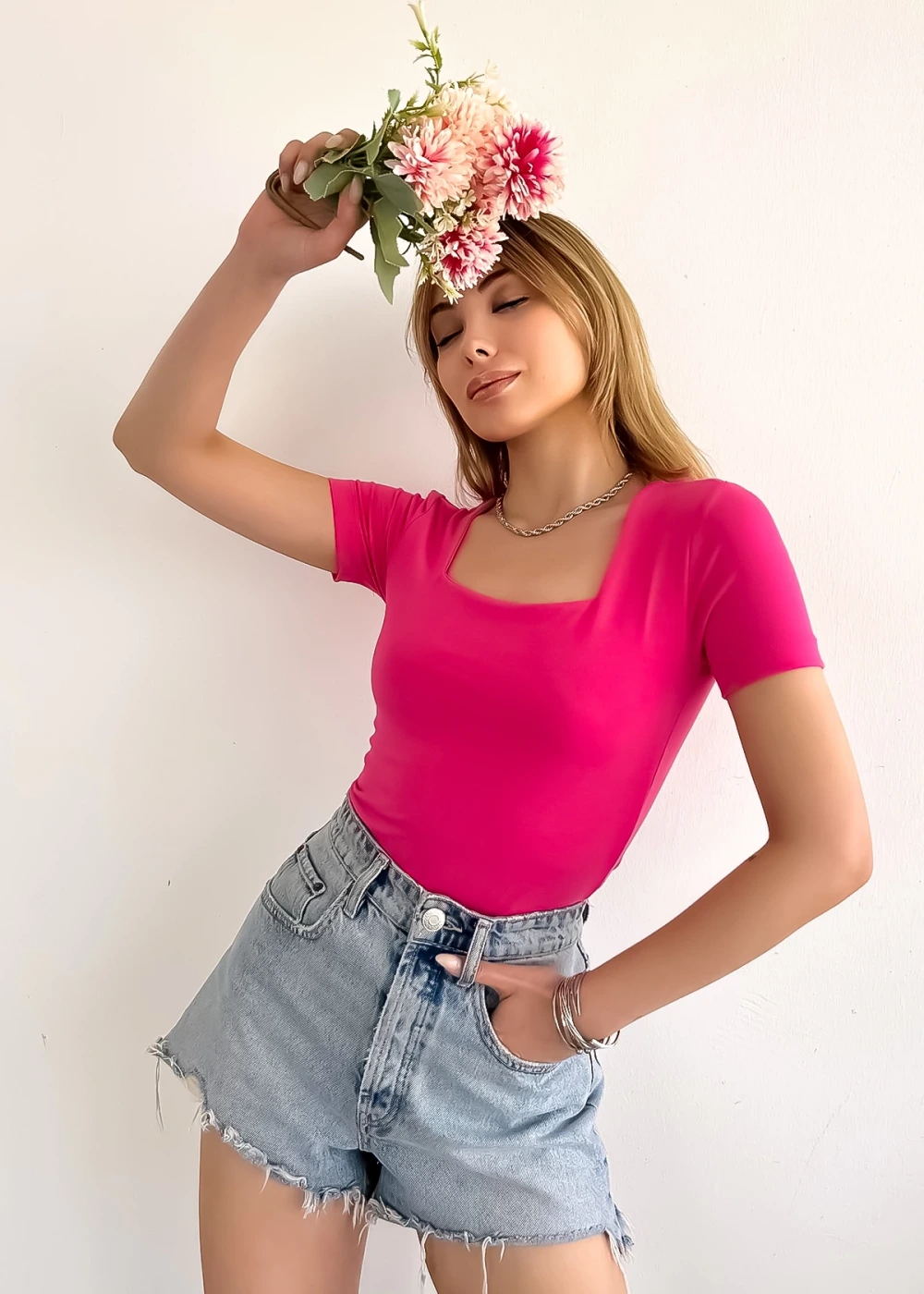 Kadın Kısa Kol Kare Yaka Düz Renk Pembe