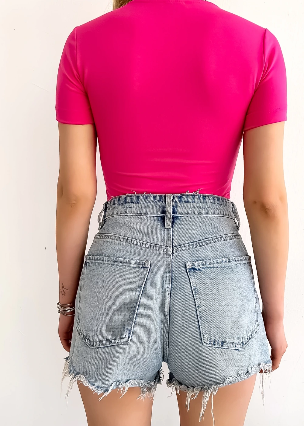 Kadın Kısa Kol Kare Yaka Düz Renk Pembe