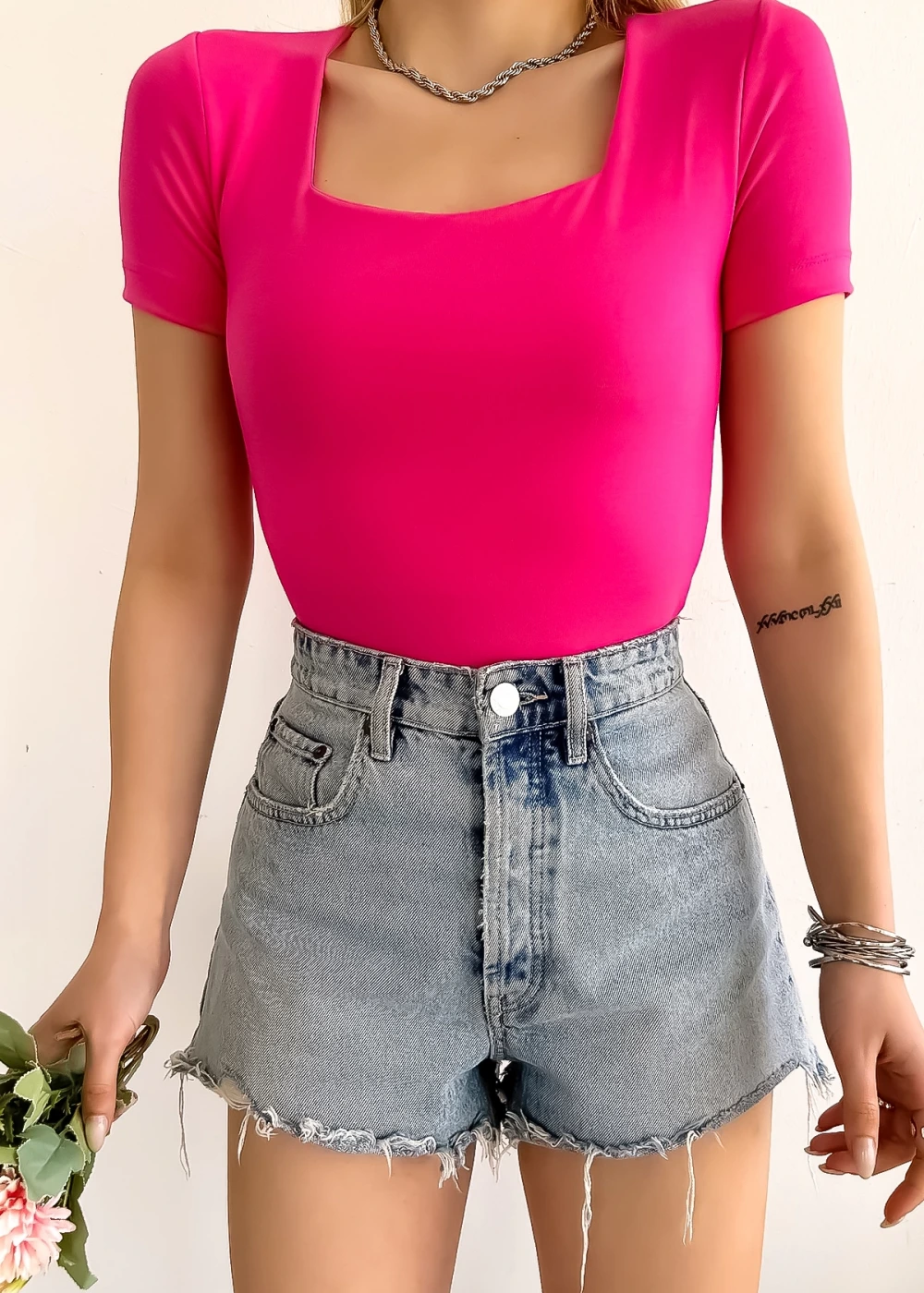 Kadın Kısa Kol Kare Yaka Düz Renk Pembe