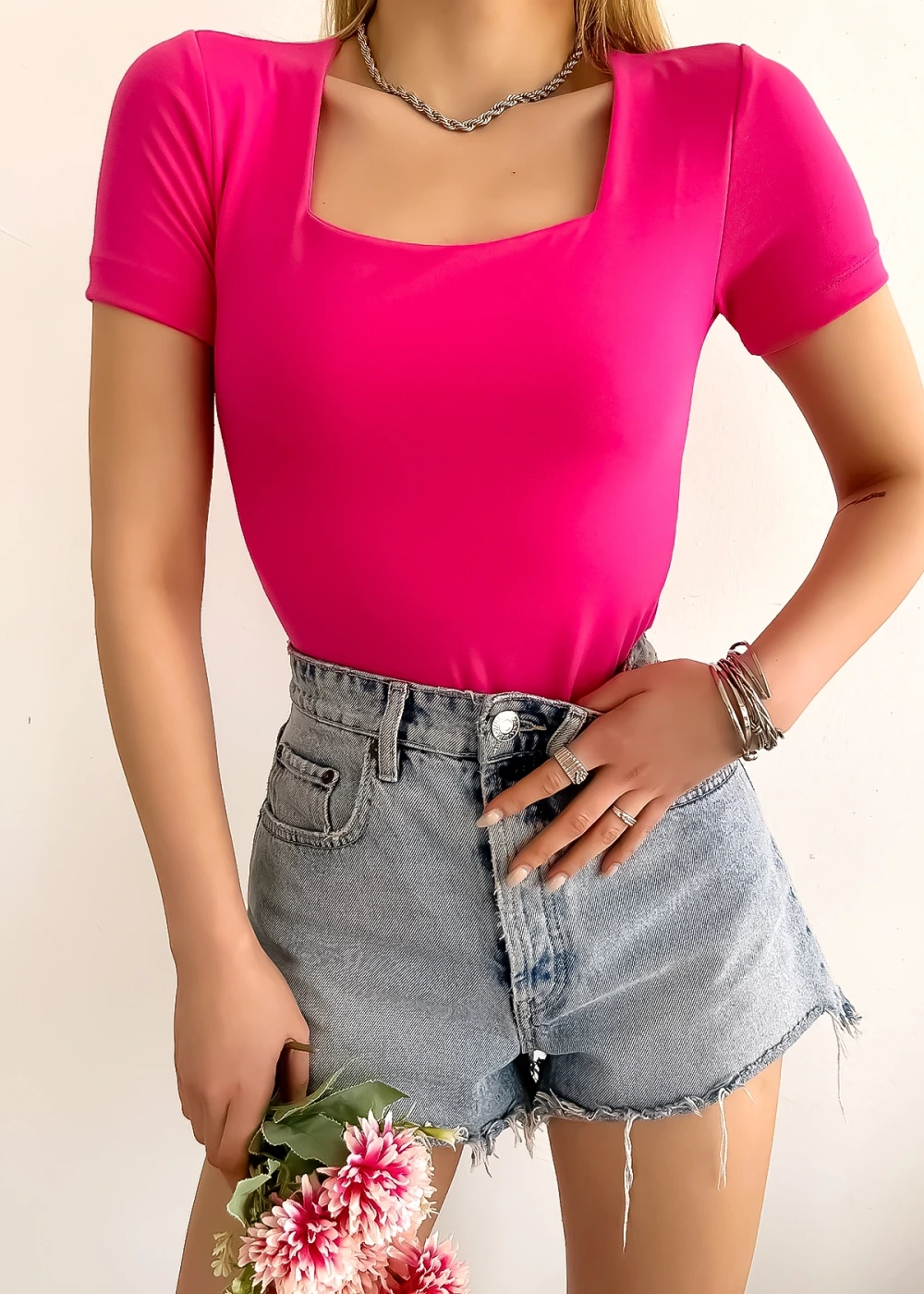 Kadın Kısa Kol Kare Yaka Düz Renk Pembe