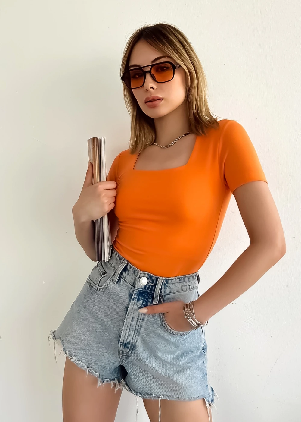 Kadın Kısa Kol Kare Yaka Düz Renk Turuncu