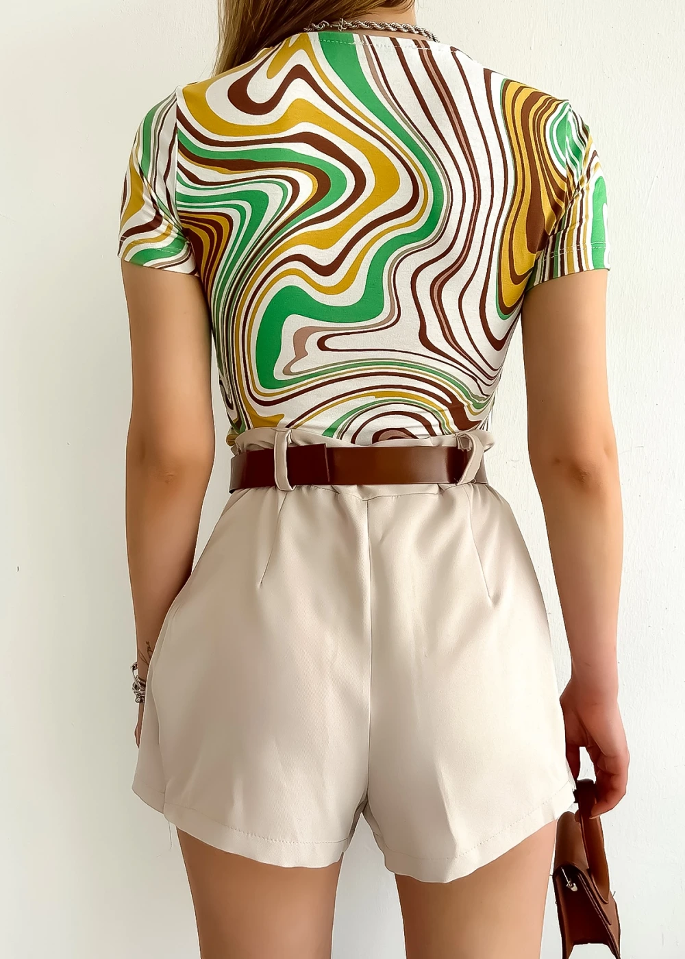 Kadın Kısa Kol Kare Yaka Ekru Krema Desen