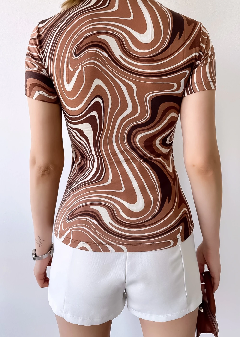 Kadın Kısa Kol Kare Yaka Kahve Krema Desen Viskon Bluz