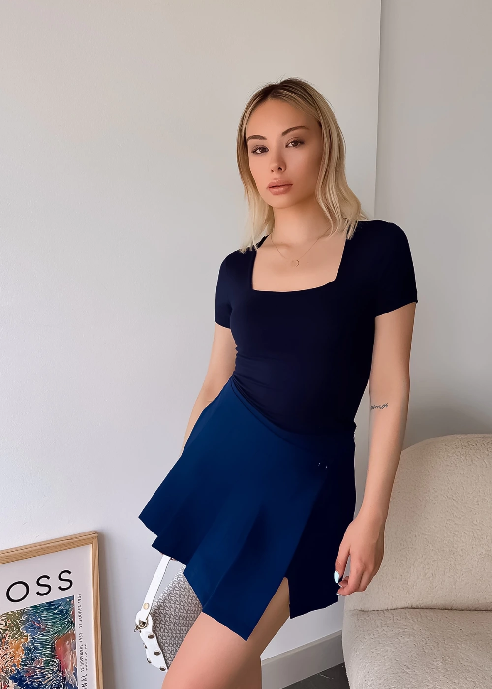 Kadın Kısa Kol Kare Yaka Lacivert Düz Renk Viskon Bluz