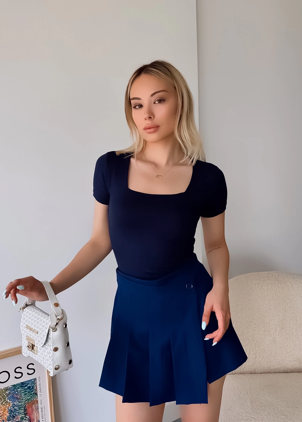 Kadın Kısa Kol Kare Yaka Lacivert Düz Renk Viskon Bluz